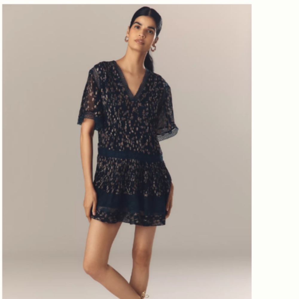 NWT Anthropologie / MAEVE Tunic V-Neck Lurex Tiered Mini Dress SIZE M